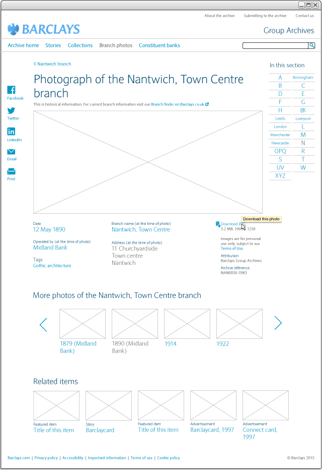 Wireframe of the branch photo page of the Barclays Group Archives website