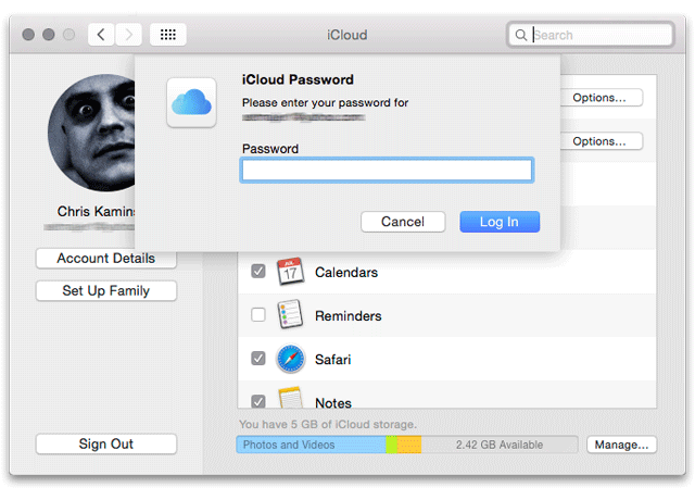 OS X Yosemite System Preferences sheet for entering an iCloud password