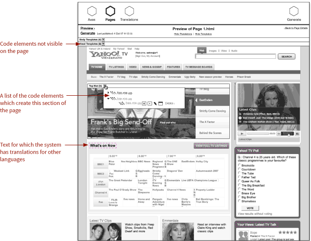 Wireframe of the page preview screen with overlays showing the templates used to build it